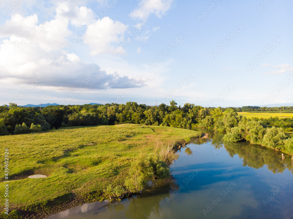 Karas river in Vojvodina. Aerial photography. 