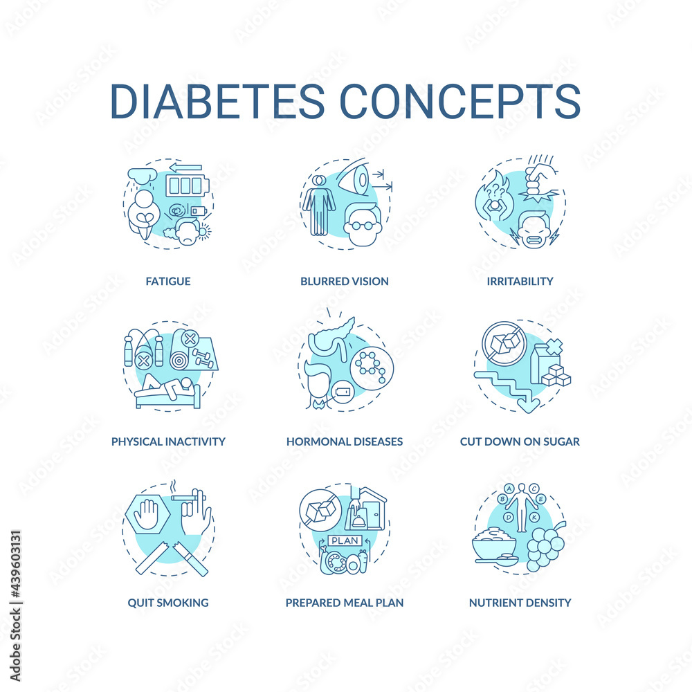 Diabetes concept icons set. Health issues. Disease health issues. Special diet for ill people. Healthy eating idea thin line color illustrations. Vector isolated outline drawings. Editable stroke