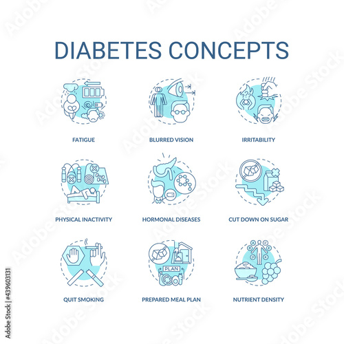 Diabetes concept icons set. Health issues. Disease health issues. Special diet for ill people. Healthy eating idea thin line color illustrations. Vector isolated outline drawings. Editable stroke