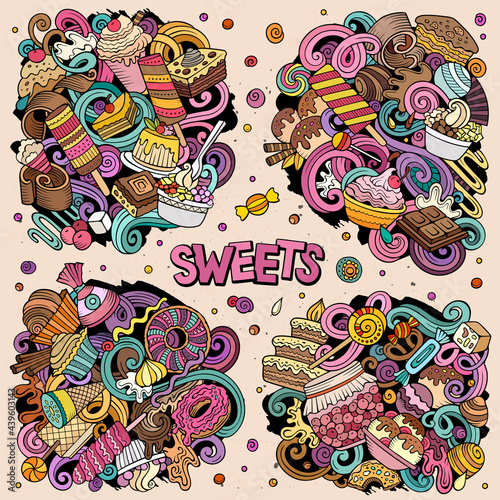 Sweet food cartoon vector doodle designs set.