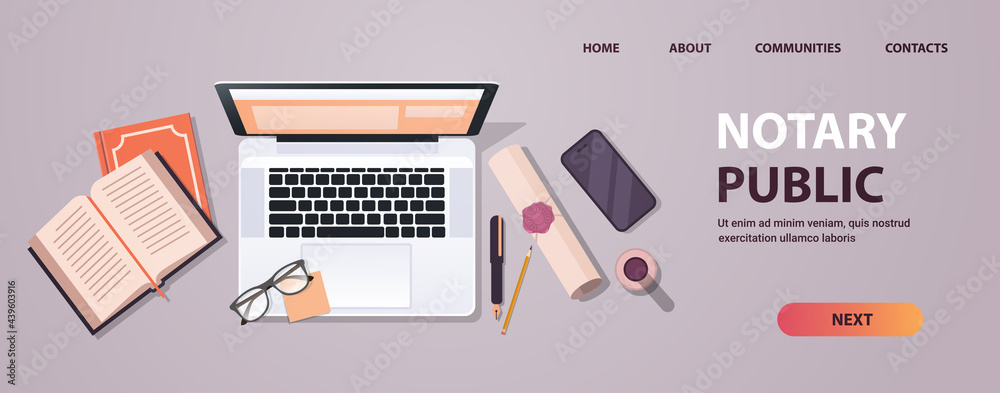notary workplace with legacy stamp sealed document legal trust and public pen near laptop signing and legalization documents notary workplace with legacy stamp sealed document legal trust and public pen near laptop signing and legalization documents