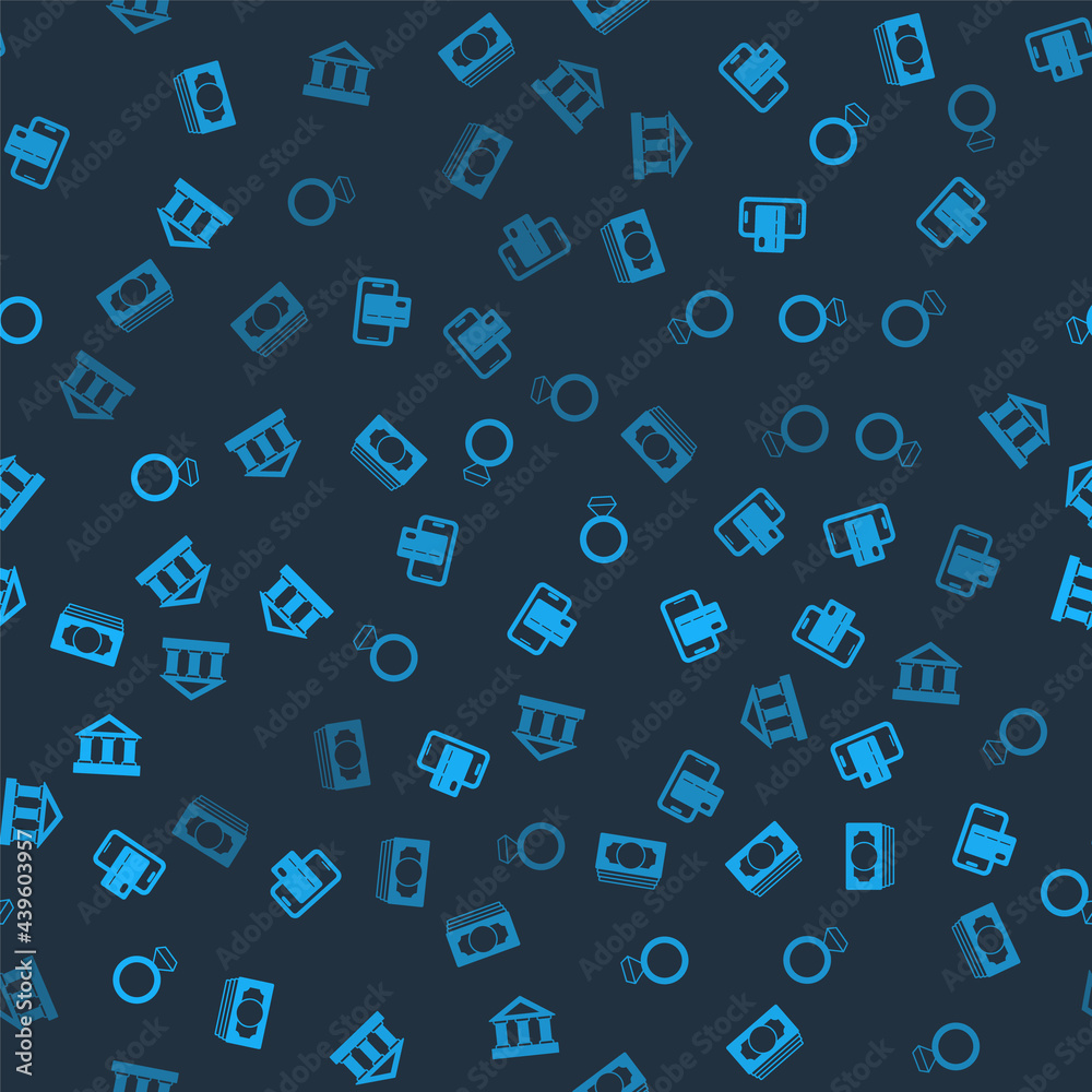 Set Stacks paper money cash, Mobile banking, Diamond engagement ring and Bank building on seamless pattern. Vector Set Stacks paper money cash, Mobile banking, Diamond engagement ring and Bank building on seamless pattern. Vector