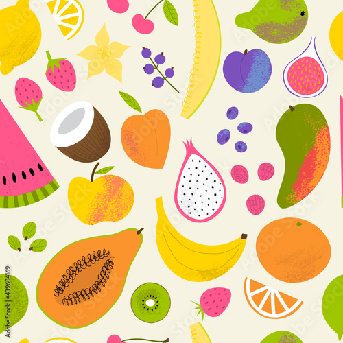 Fruit summer pattern. Cute tropical seamless fabric print with fruits: lemon, watermelon, strawberry, mango, banana and others. Flat hand drawn textured illustration.