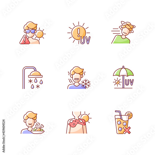 Heatstroke risk during summer RGB color icons set. UV rays exposure during summer. Avoid sunlight. Isolated vector illustrations. Sunburn on skin simple filled line drawings collection