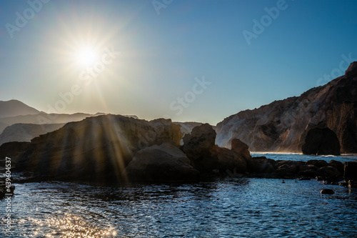 Fyriplaka beach on sunset, Milos island, Cyclades, Greece photo