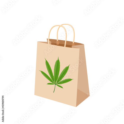 Paper bag with cannabis logo. Vector illustration cartoon flat icon isolated on white background.