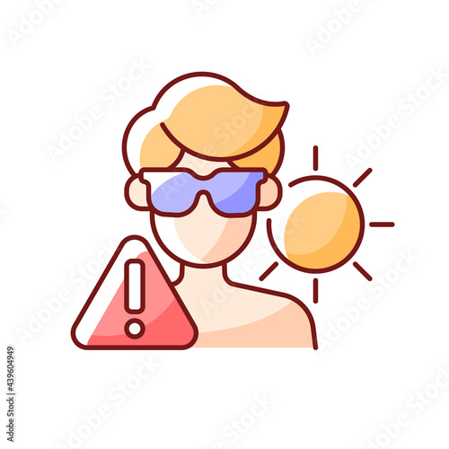 Overexposure to sun RGB color icon. Person in sunglasses on beach risking sunstroke. Man in danger of sunburn during summer. Isolated vector illustration. Heat stroke simple filled line drawing