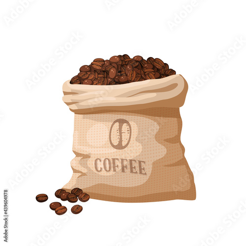 Coffee beans in canvas sack. Vector illustration cartoon flat icon isolated on white background.