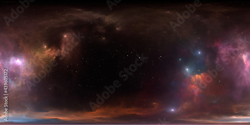 360 degree interstellar cloud of dust and gas. Space background with nebula and stars. Glowing nebula, equirectangular projection, environment map. HDRI spherical panorama