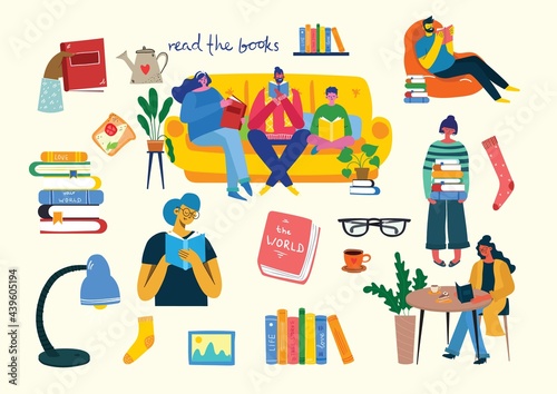 Vector concept illustrations of World Book Day, Reading the books and Book festival in the flat style.