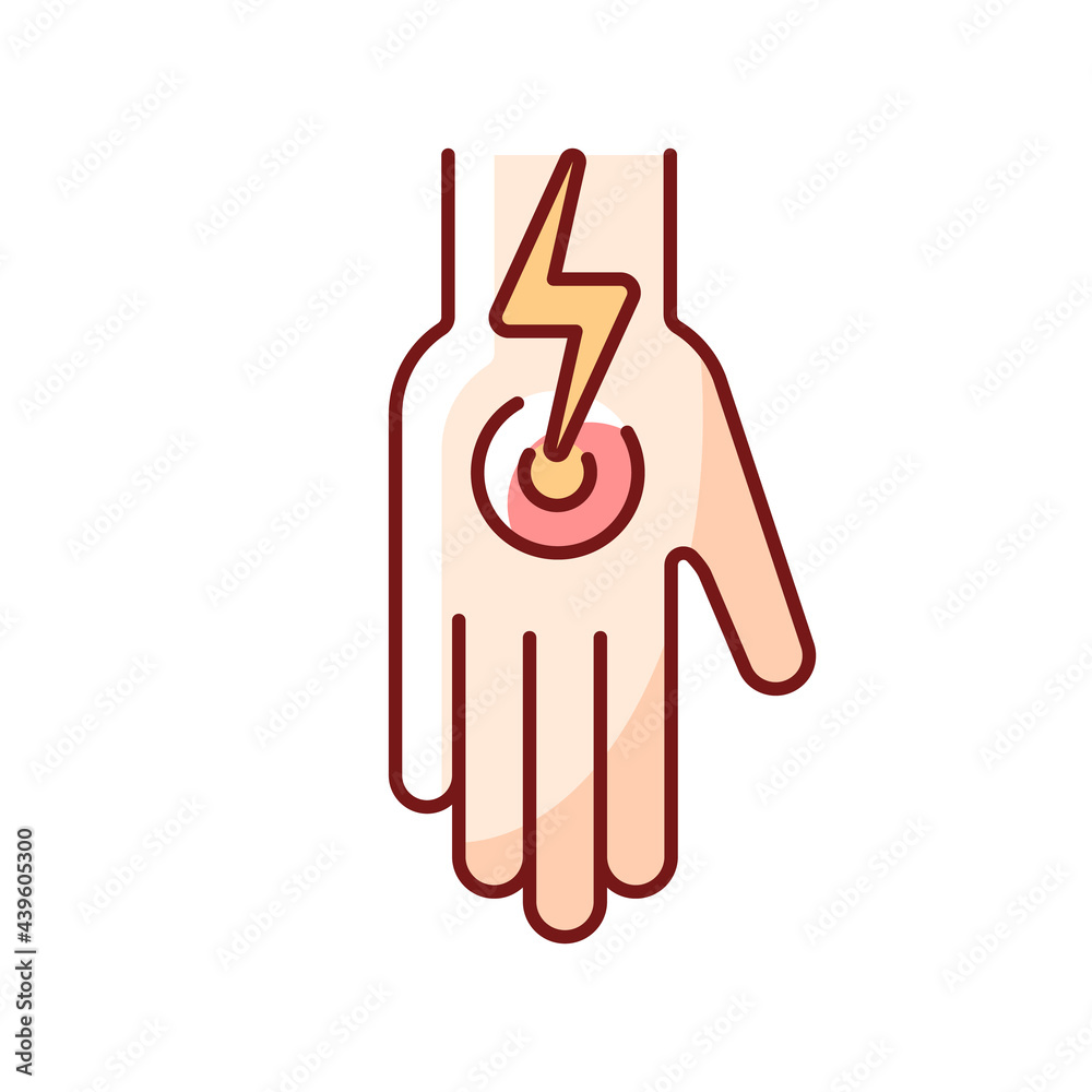 Cramps in arms and legs RGB color icon. Acute joint pain in arm. Ache from injury, muscle strain. Isolated vector illustration. Physical symptom of heatstroke simple filled line drawing Cramps in arms and legs RGB color icon. Acute joint pain in arm. Ache from injury, muscle strain. Isolated vector illustration. Physical symptom of heatstroke simple filled line drawing