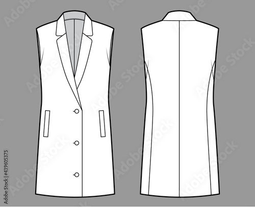 Sleeveless jacket lapelled vest waistcoat technical fashion illustration with button-up closure, pockets, oversized. Flat template front, back, white color style. Women, men unisex top CAD mockup