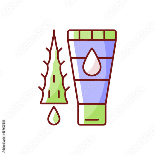 Using moisturizing lotion RGB color icon. Gel with aloe vera oil for sunburn treatment. Soothing lotion for skin. Herbal cosmetics. Isolated vector illustration. Heat stroke simple filled line drawing