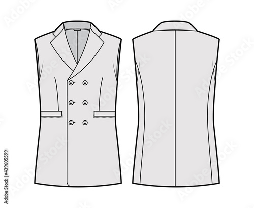 Sleeveless jacket lapelled vest waistcoat technical fashion illustration with double breasted, button-up closure, pockets. Flat template front, back, grey color style. Women, men unisex top CAD mockup
