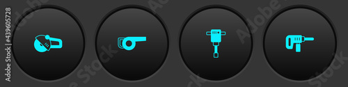 Set Angle grinder, Leaf garden blower, Construction jackhammer and Electric drill machine icon. Vector