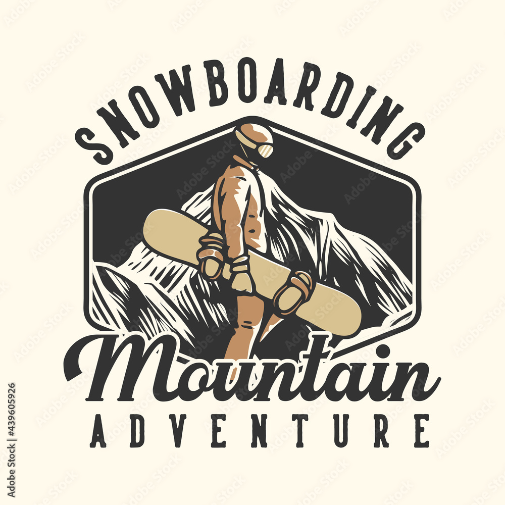 Fototapeta premium logo design snowboarding mountain adventure with man carrying snowboard vintage illustration