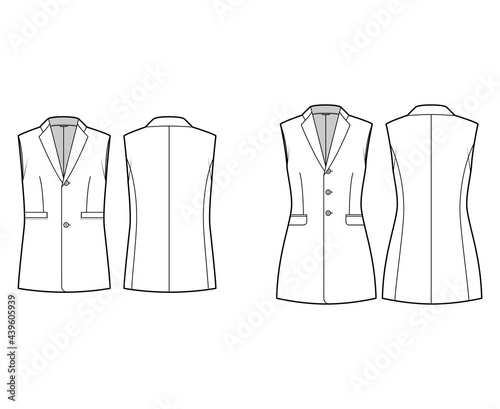Set of Sleeveless jackets lapelled vests waistcoat technical fashion illustration with notched collar, button-up closure, pockets. Flat template front, back, white color style. Women, men CAD mockup