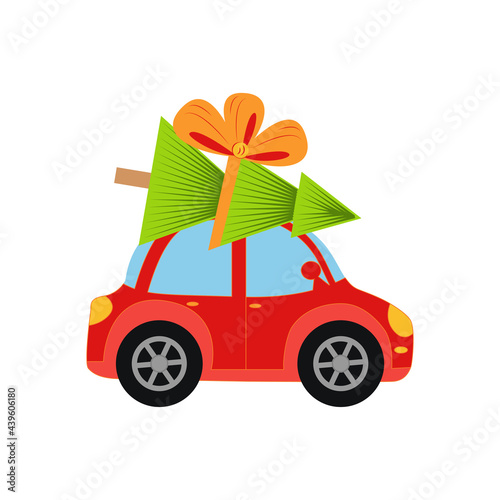 Red car with Christmas tree on the winter background.