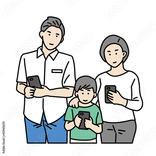 子どもにスマートフォンをもたせる家族のイラスト