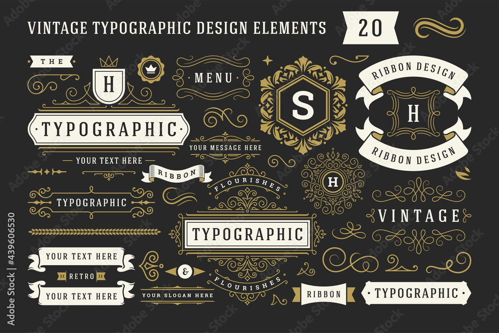 Vintage typographic decorative ornament design elements set vector illustration - obrazy, fototapety, plakaty 