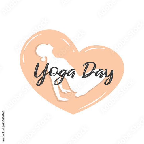 Beautiful woman doing yoga. The pink heart means love of yoga. International Day of Yoga vector banner, brochure, and poster design. World Yoga Day is celebrated on June 21 