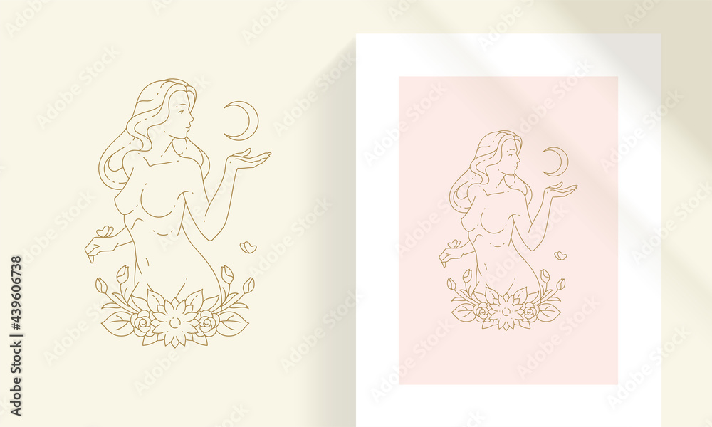 Beautiful bohemian female with moon and flowers line art style vector illustration.