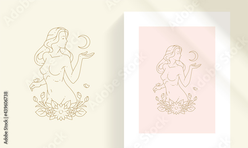 Beautiful bohemian female with moon and flowers line art style vector illustration.