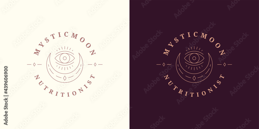 Magic moon crescent with eye logo emblem design template vector illustration in minimal line art style Magic moon crescent with eye logo emblem design template vector illustration in minimal line art style