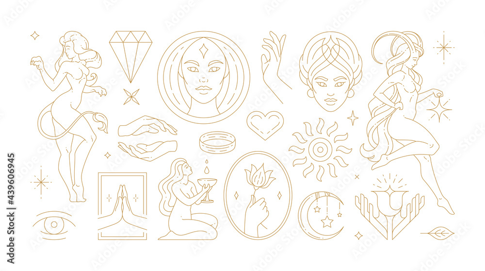 Magic woman boho vector illustrations of graceful feminine women and esoteric symbols set