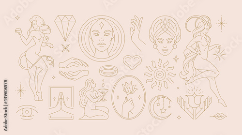 Magic woman boho vector illustrations of graceful feminine women and esoteric symbols set.