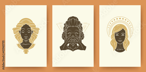 Set of abstract female portraits silhouettes modern line art drawing style