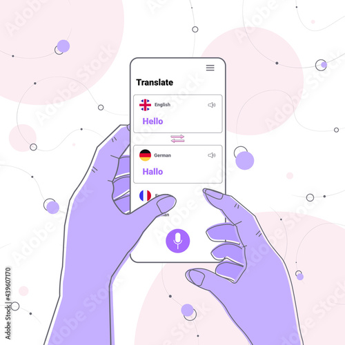 hands using mobile translation application multilingual greeting international communication online dictionary