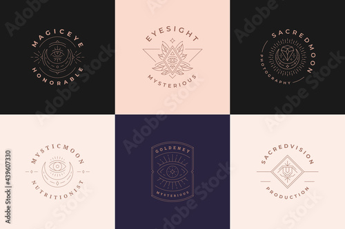 Esoteric logos emblems design templates set with magic eyes and eyelashes vector illustrations minimal linear style
