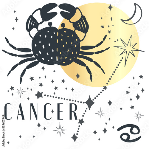Zodiac cancer boho magical vintage distressed art symbol or label. Horoscope sign line art silhouette design vector illustration. Creative decorative elegant astrology zodiac emblem template for logo