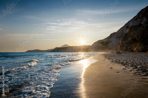 Fyriplaka beach on sunset, Milos island, Cyclades, Greece photo