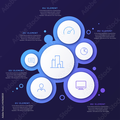 Abstract vector gradient minimalistic infographic template composed of 6 circles