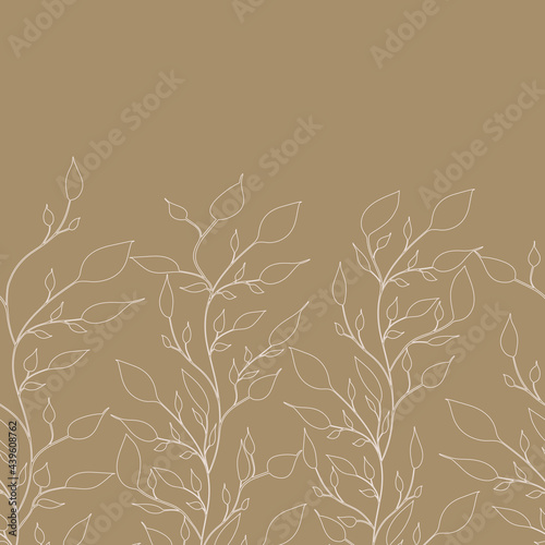 Seamless elegant border pattern with white outline leaf brunch on a golden background. The pattern can be used for wrapping papers, cards, wallpapers, covers, textile prints. Vector illustration.