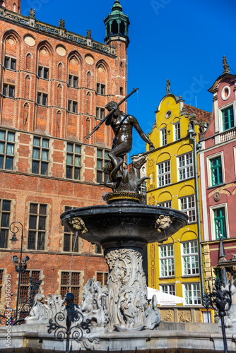 statue of Neptune fountain, symbol of city Gdansk, Poland, old town