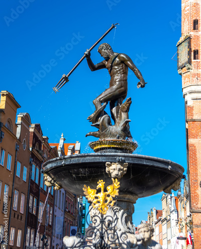 statue of Neptune fountain, symbol of city Gdansk, Poland, old town