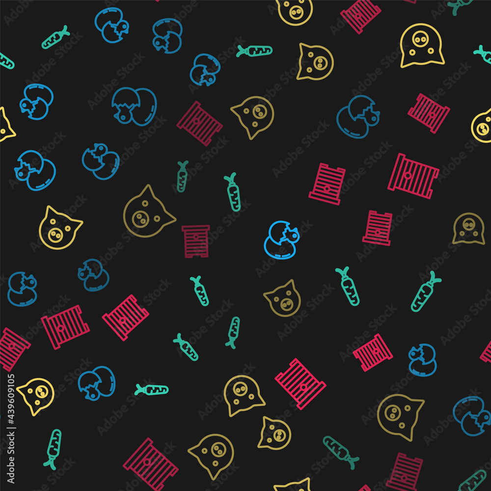 Set line Little chick in cracked egg, Carrot, Pig and Hive for bees on seamless pattern. Vector Set line Little chick in cracked egg, Carrot, Pig and Hive for bees on seamless pattern. Vector