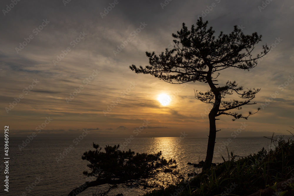 横須賀市荒崎海岸から富士山に沈む夕日
