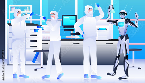 robot with scientists in protective suits making experiments in lab genetic engineering artificial intelligence concept