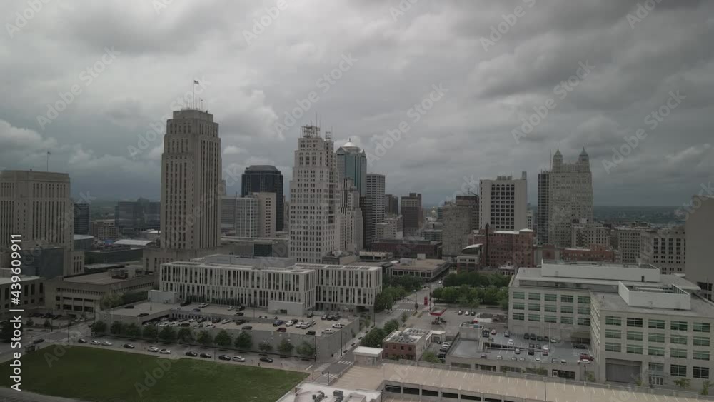 Aerial birds eye panoramic view of a business centre of Kansas city in a gloomy weather. High quality 4k footage Aerial birds eye panoramic view of a business centre of Kansas city in a gloomy weather. High quality 4k footage