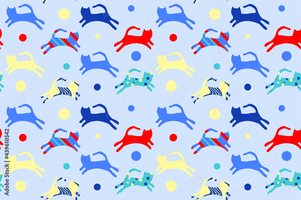 Fototapeta premium Abstract Hand Drawing Cute Cats and Dots Seamless Vector Pattern Isolated Background
