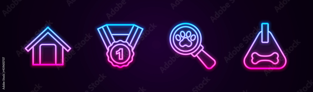 Set line Dog house, award symbol, Veterinary clinic and collar. Glowing neon icon. Vector Set line Dog house, award symbol, Veterinary clinic and collar. Glowing neon icon. Vector