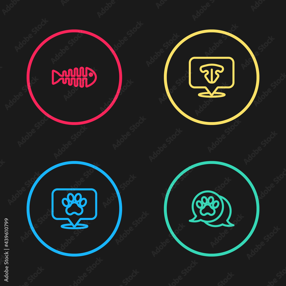 Set line Location veterinary hospital, Paw print, Cat nose and Fish skeleton icon. Vector