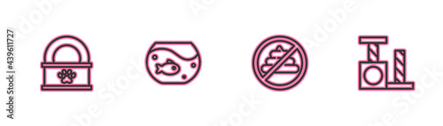 Set line Canned food, No shit, Aquarium with fish and Cat scratching post icon. Vector