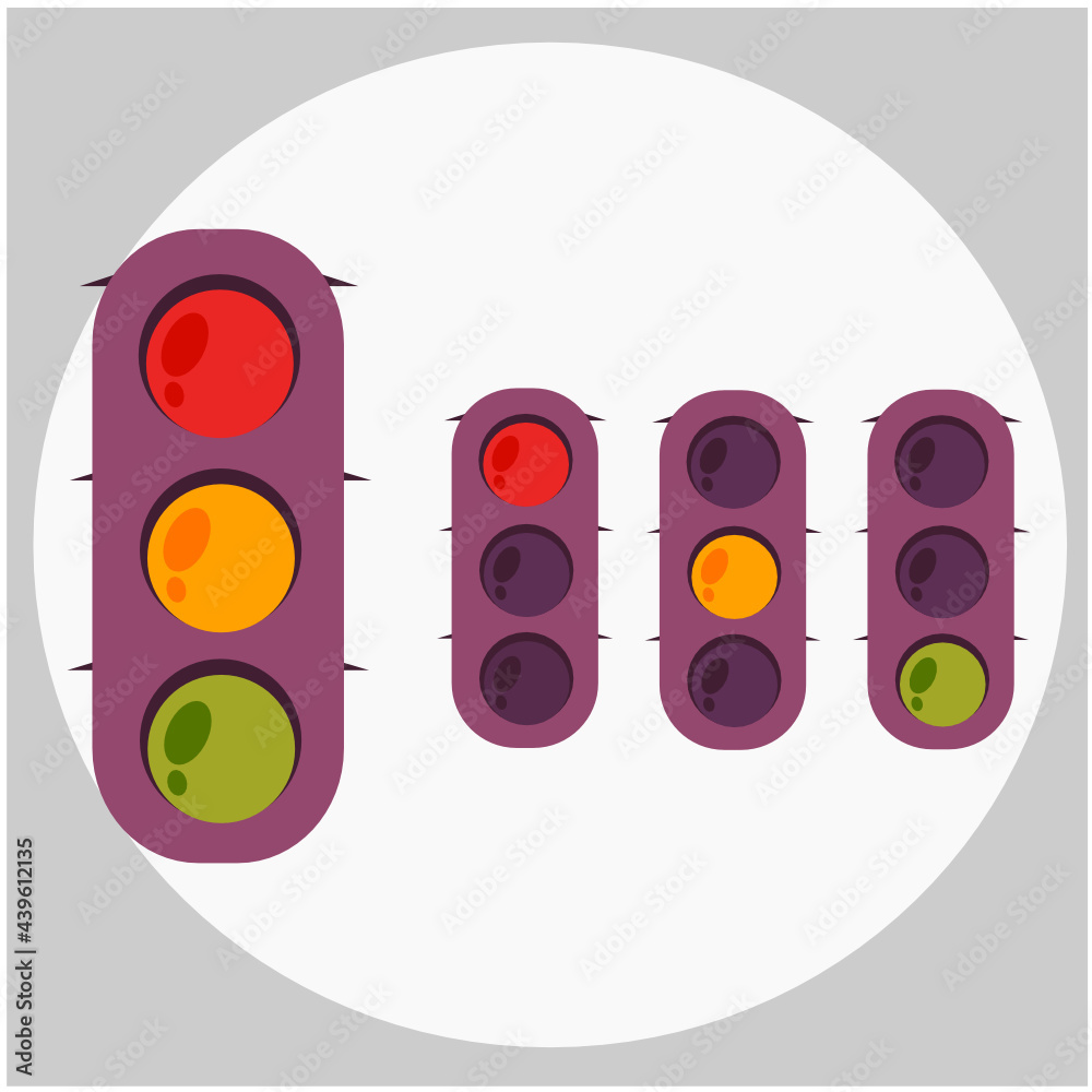Vector illustration of a traffic light on a gray background. Traffic Laws. Switching traffic lights. Red, yellow, green. Vector illustration of a traffic light on a gray background. Traffic Laws. Switching traffic lights. Red, yellow, green.