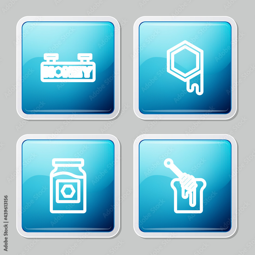 Set line Hanging sign with honeycomb, Honeycomb, Jar of and dipper stick icon. Vector