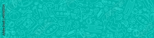 Baby boy doodles. Seamless pattern with kids icons. Vector illustration.